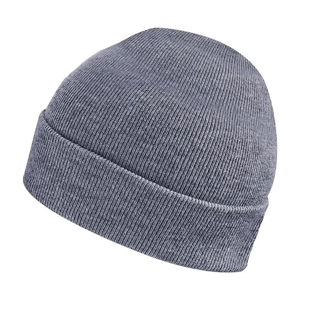 Gray knitted beanie hat with a folded brim, displayed on a white background.