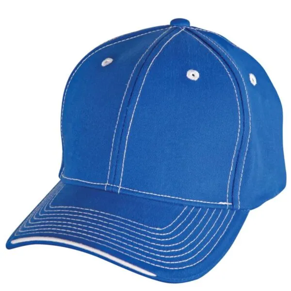 Blue baseball cap with white stitching and eyelets, shown at an angle.