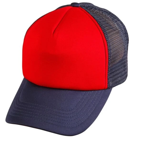 Red and navy blue trucker cap with a mesh back and solid front panel.
