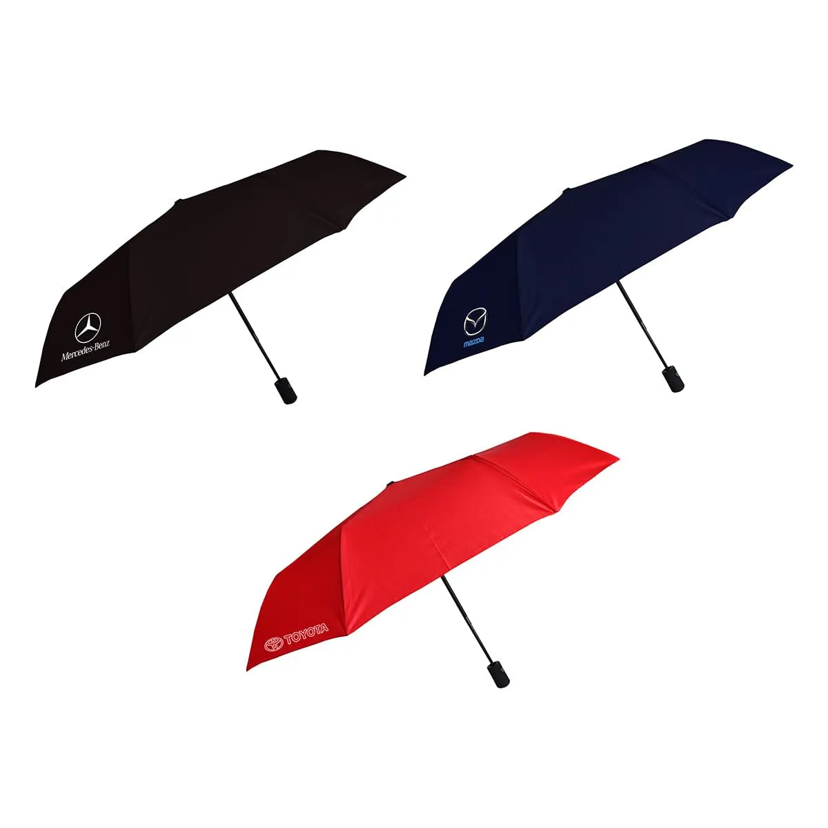 Three Poppins Umbrellas in black, blue, and red, each with a different car logo.
