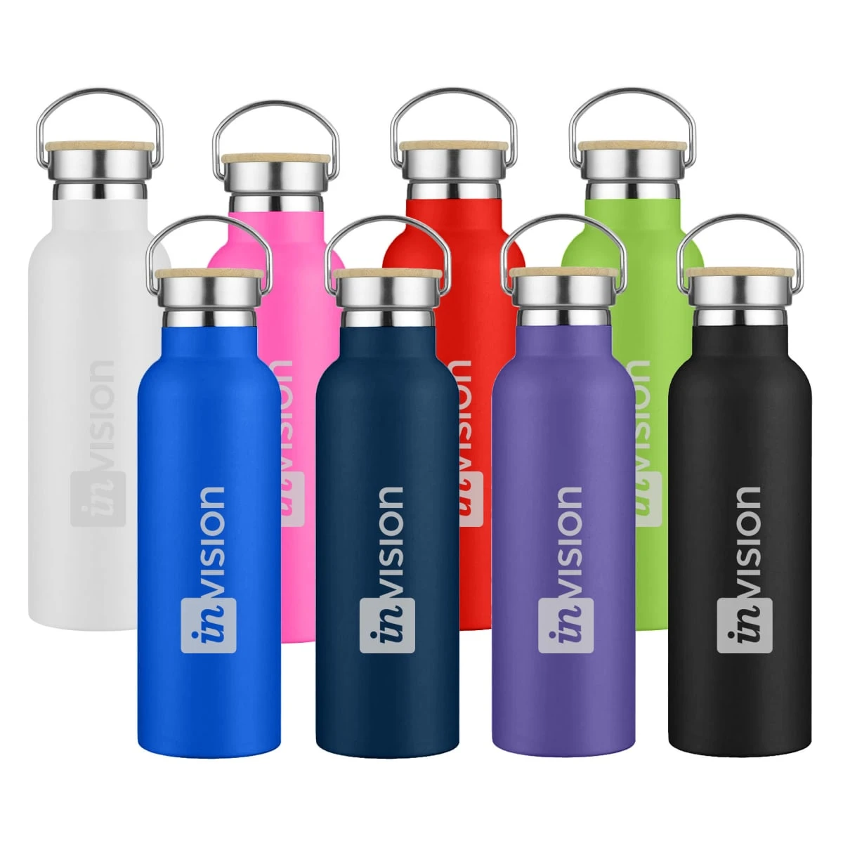Eight Mirelli Drink Bottles 600ml with invision branding, arranged in rows.
