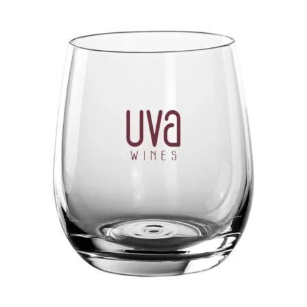Bellini Stemless Glass Cup 345ml with UVA WINES logo printed on the front.