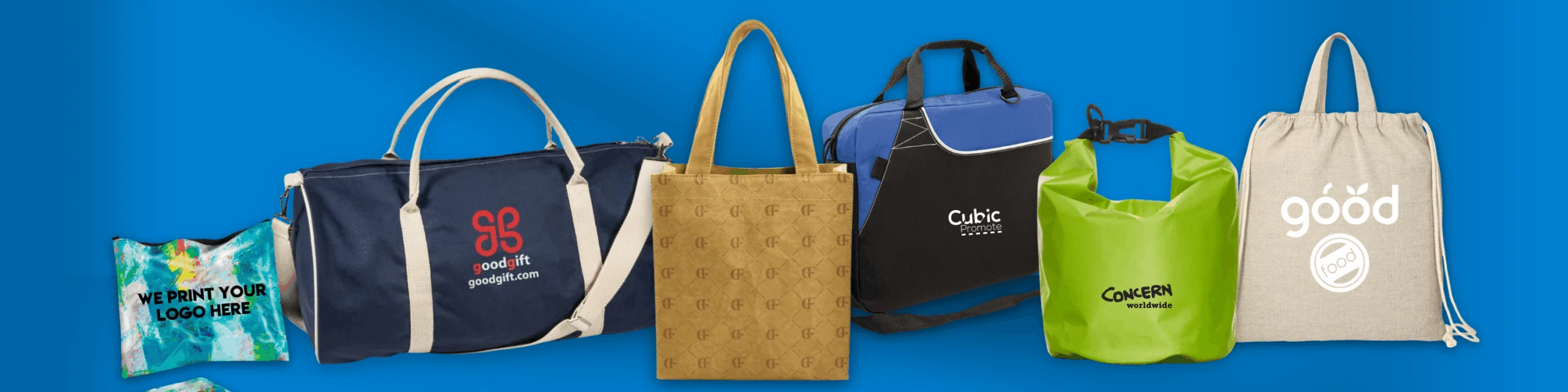 Six assorted promotional bags displayed on a blue background.