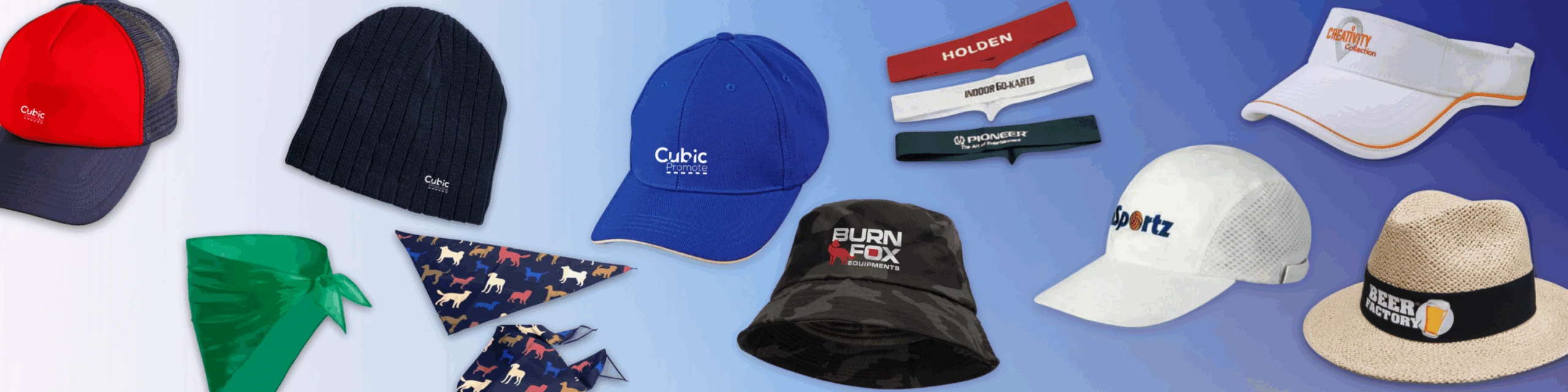 Various hats, caps, bands, and bandanas displayed on a blue and white gradient background.