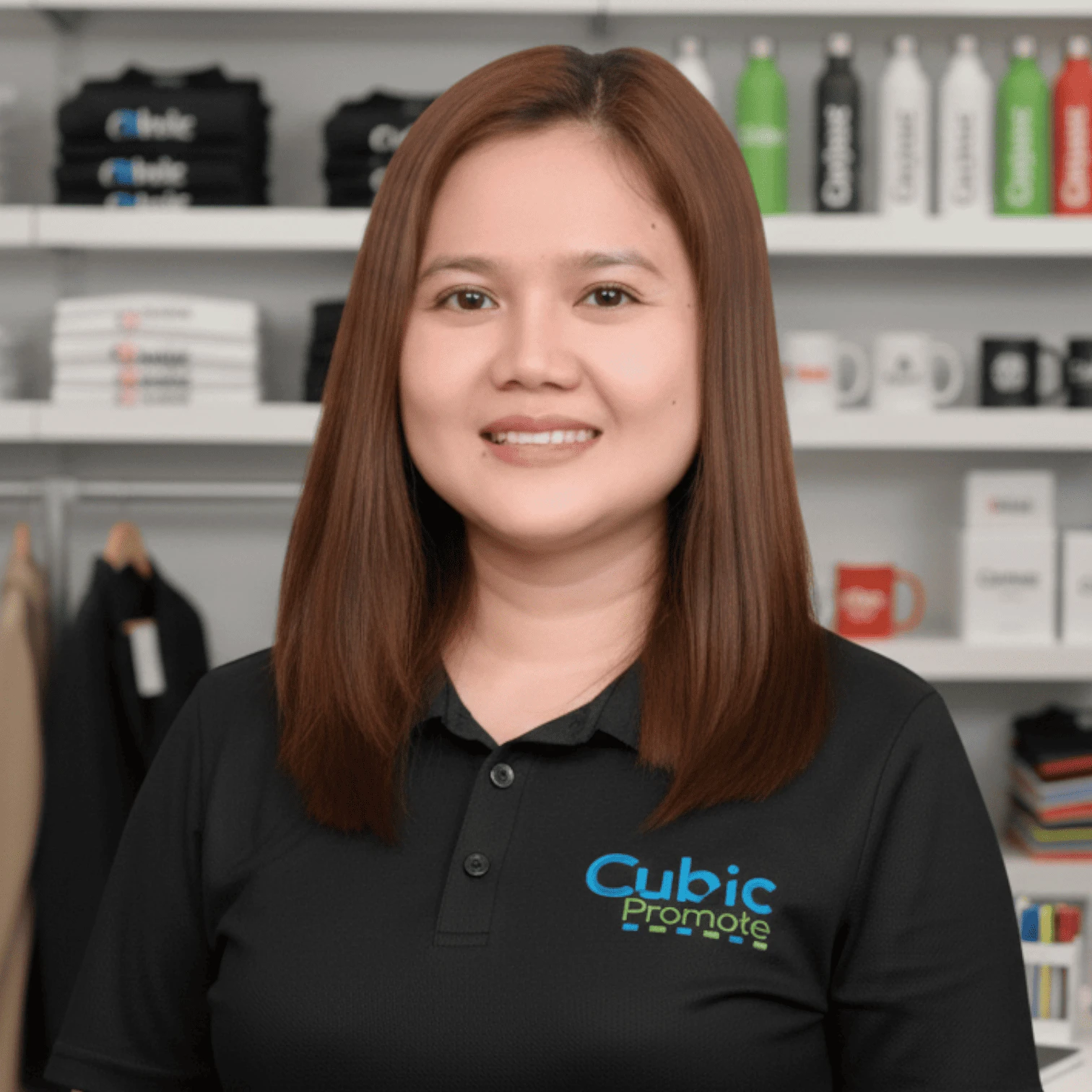 Meet the team: A woman in a Cubic Promote shirt smiles in front of branded-item shelves.