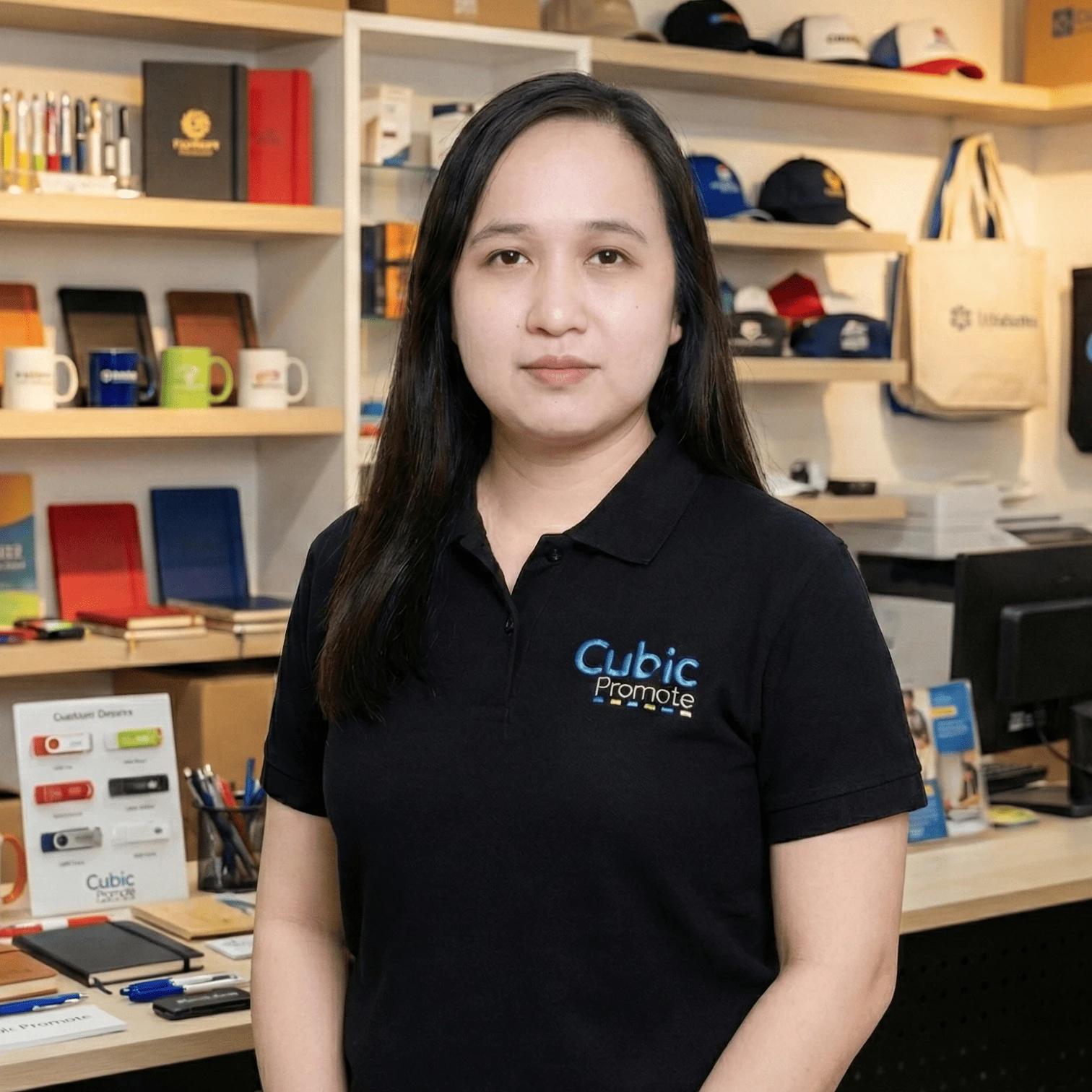 Meet the team: A woman in a Cubic Promote shirt stands in a promotional products store.