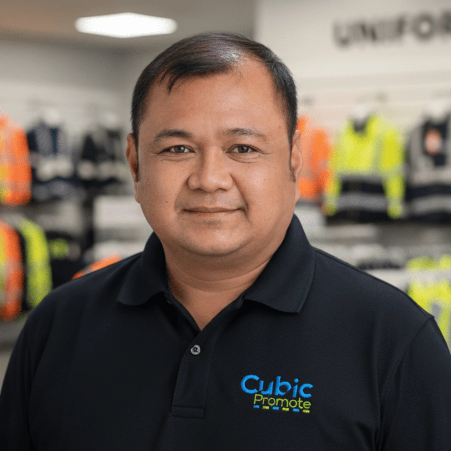 Meet the team: Smiling man in a black Cubic Promote polo shirt, standing in a uniform store.