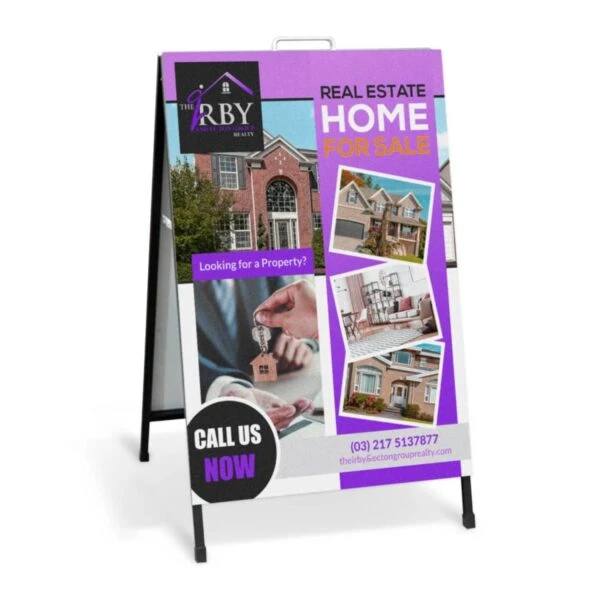 A-frame sign for RBY Realty advertising homes for sale, with photos and contact details.