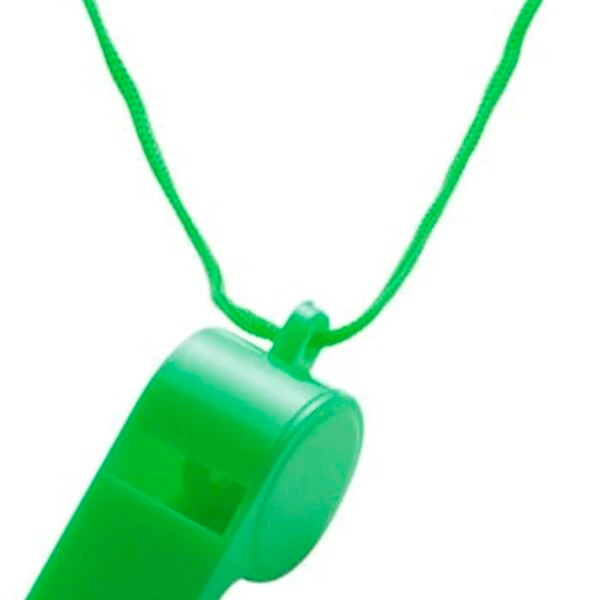 Green plastic whistle hanging on a matching green string against a white background.