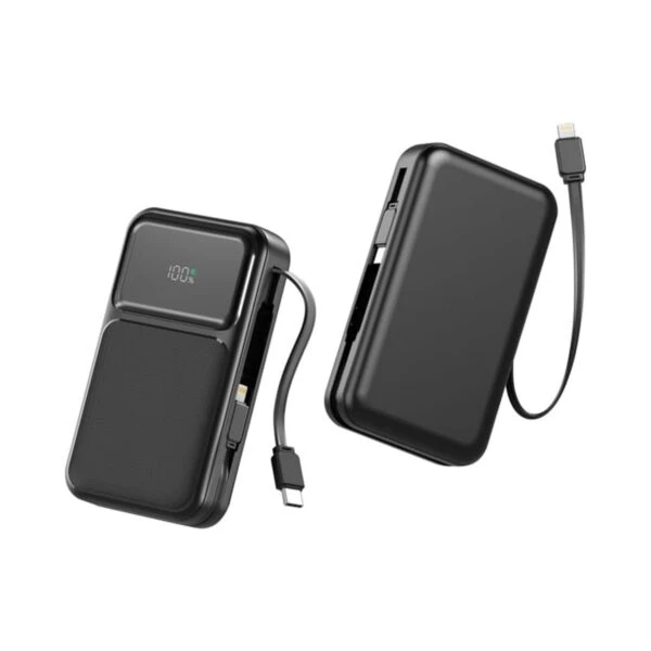 Two black portable power banks with attached charging cables and digital display screens.